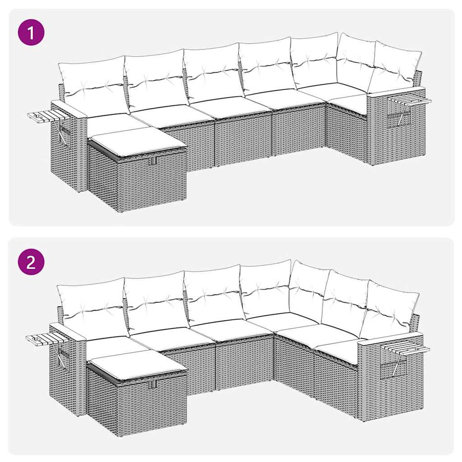 7-delige Loungeset met kussens poly rattan zwart