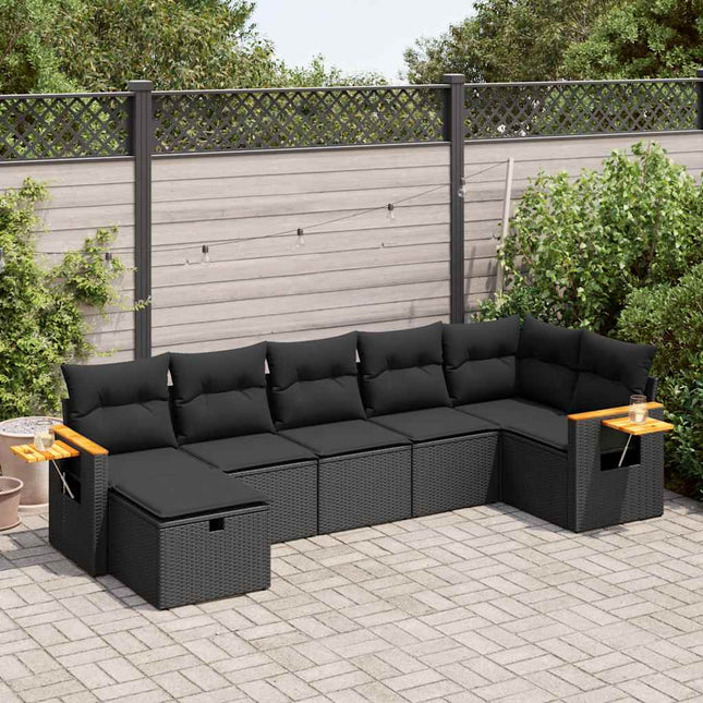 7-delige Loungeset met kussens poly rattan zwart