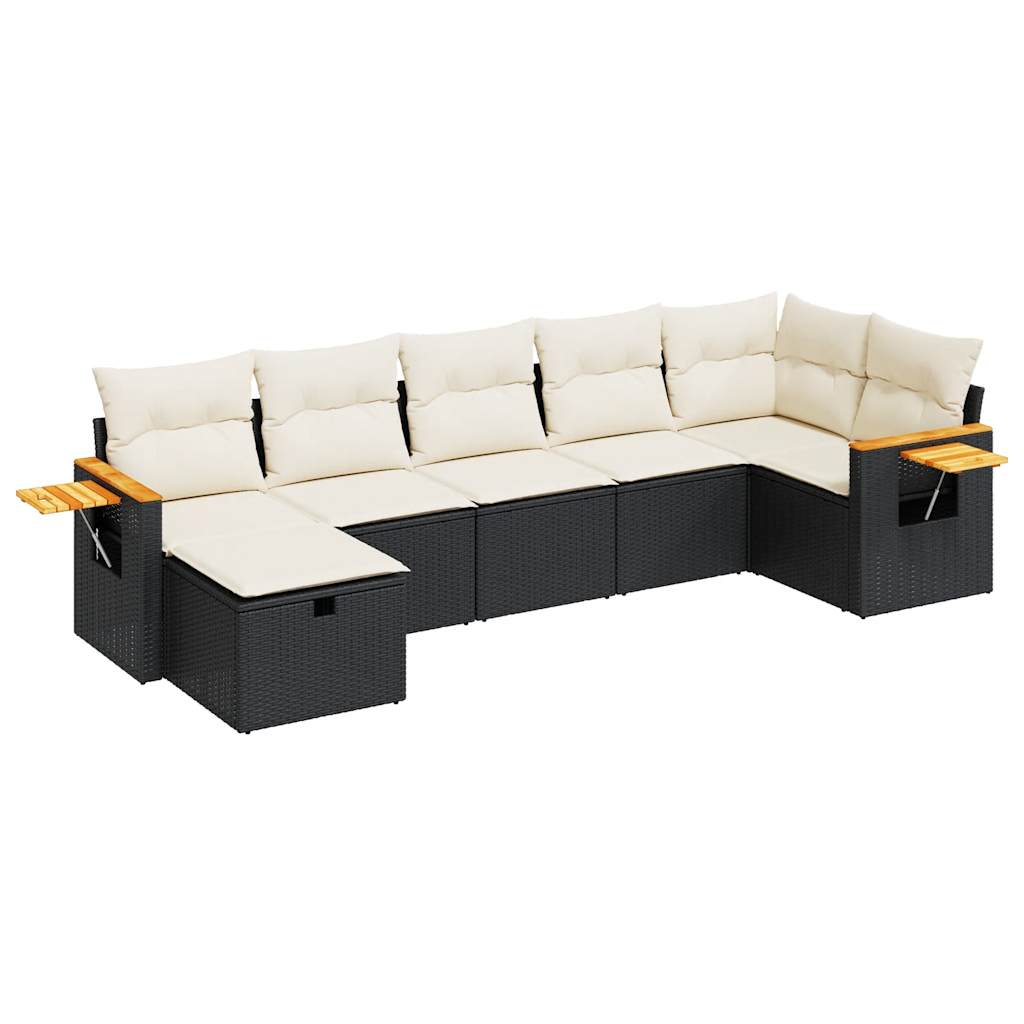 7-delige Loungeset met kussens poly rattan zwart