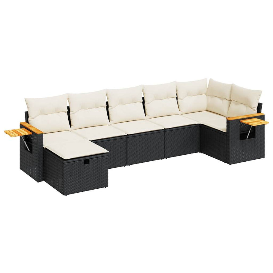 7-delige Loungeset met kussens poly rattan zwart