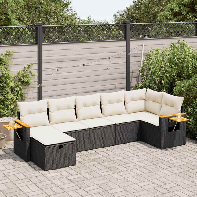 7-delige Loungeset met kussens poly rattan zwart