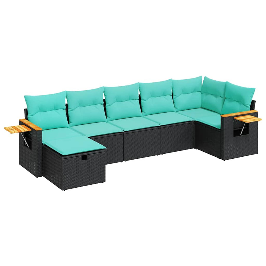 7-delige Loungeset met kussens poly rattan zwart