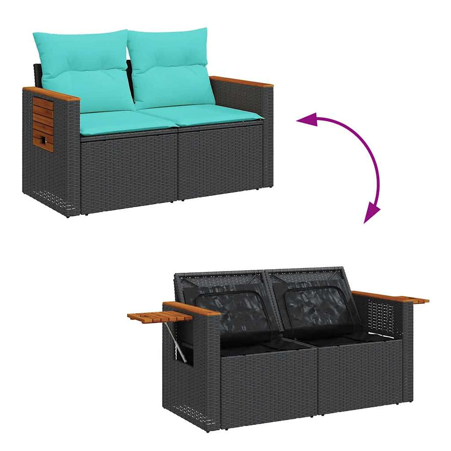 7-delige Loungeset met kussens poly rattan zwart