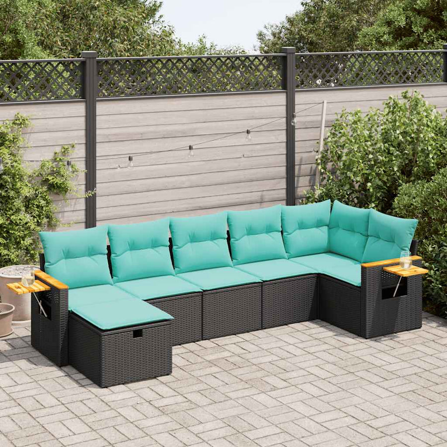 7-delige Loungeset met kussens poly rattan zwart