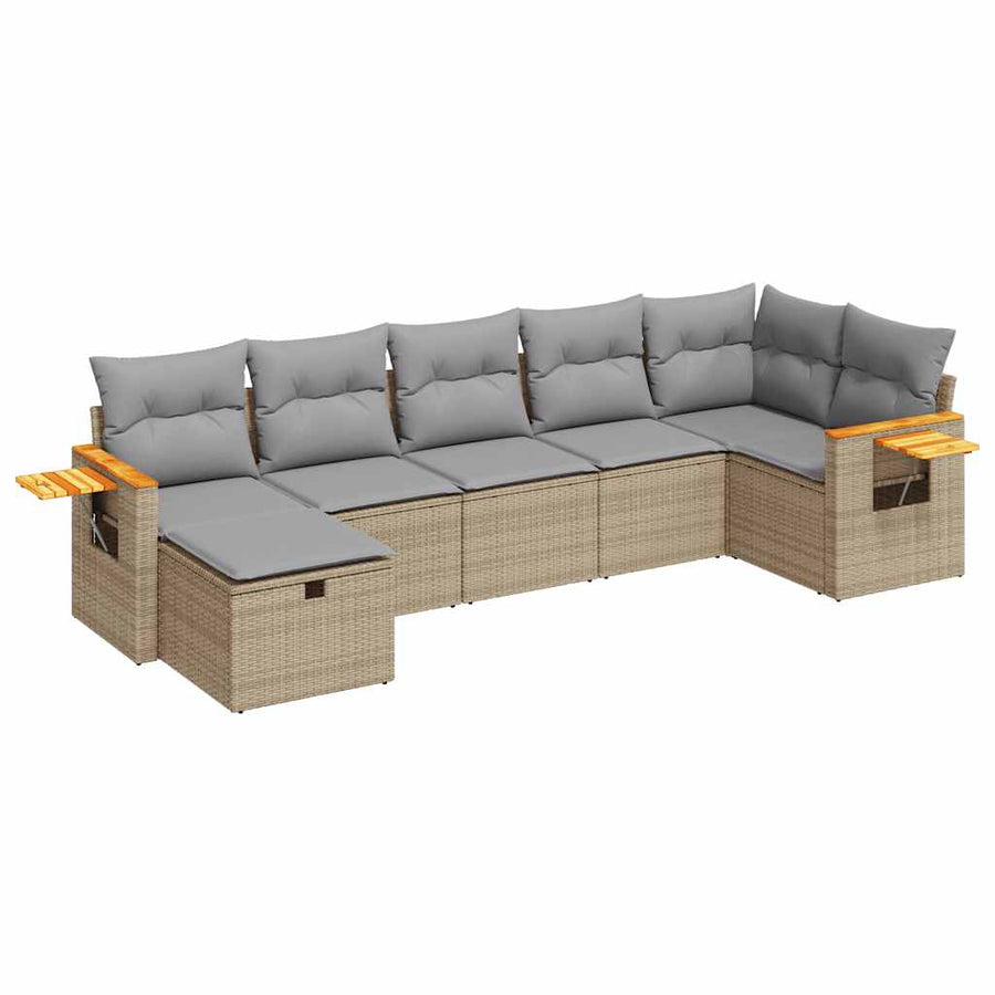 7-delige Loungeset met kussens poly rattan beige