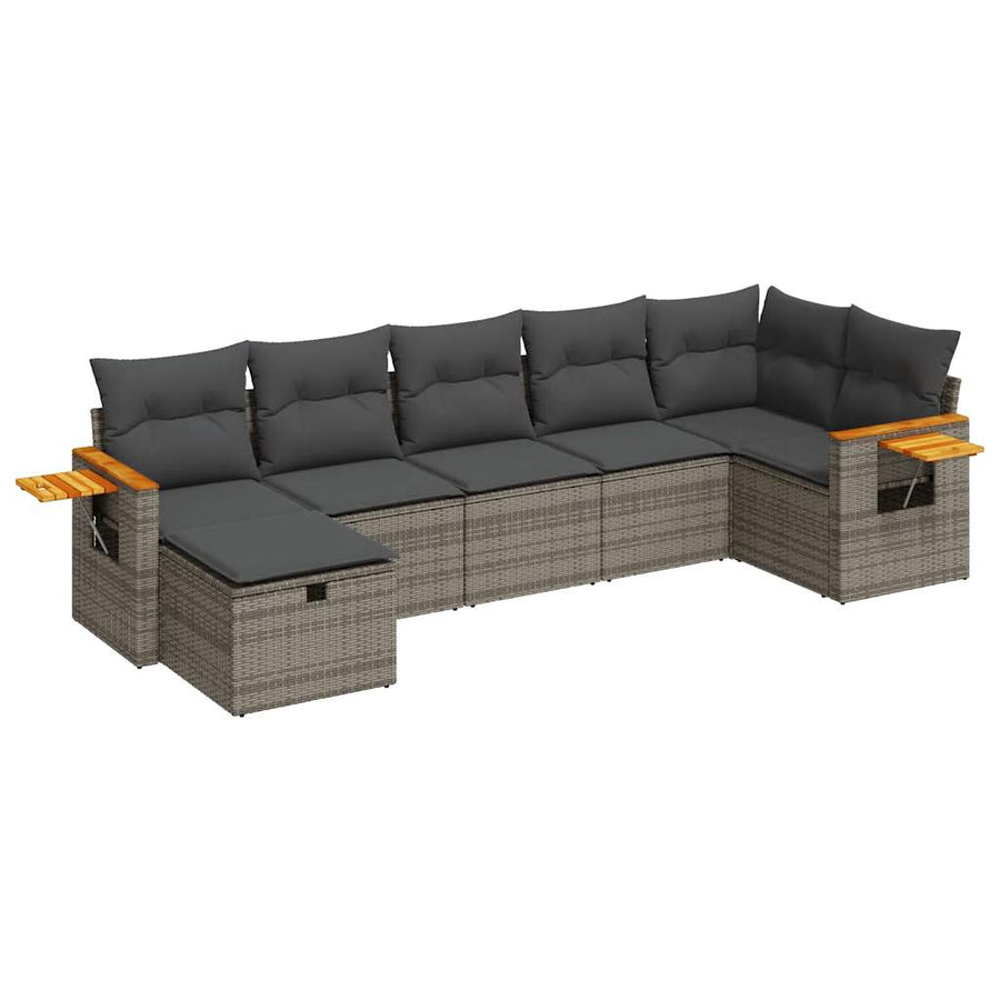 7-delige Loungeset met kussens poly rattan grijs