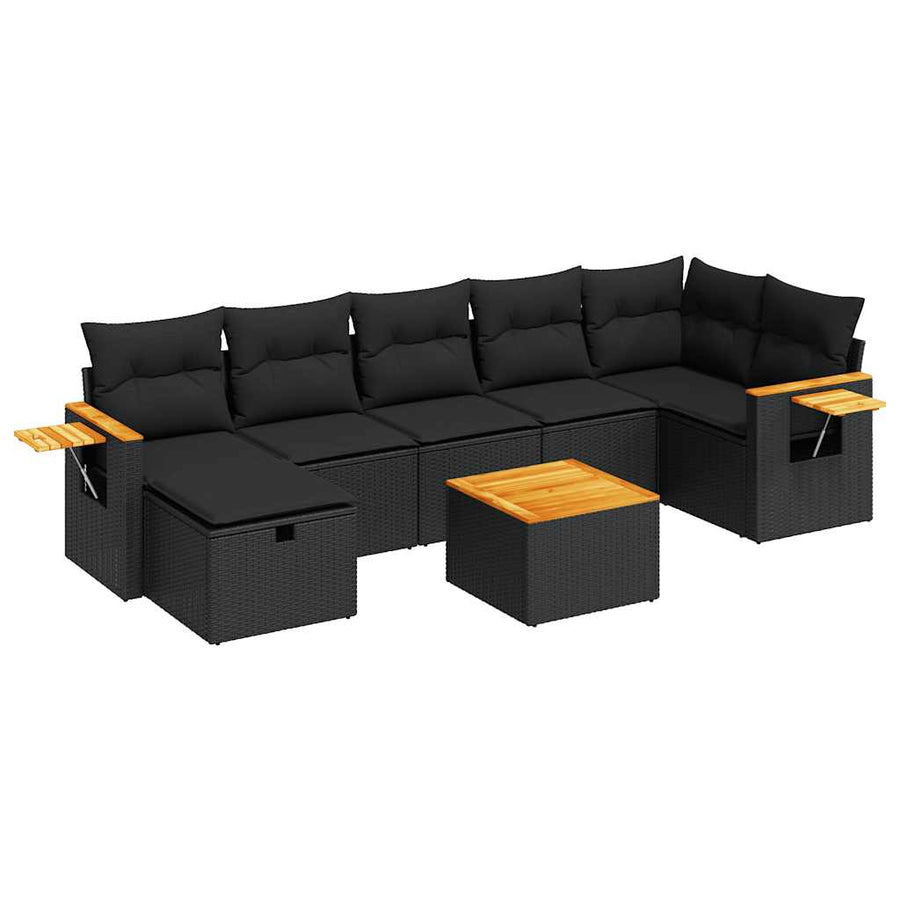8-delige Loungeset met kussens poly rattan zwart