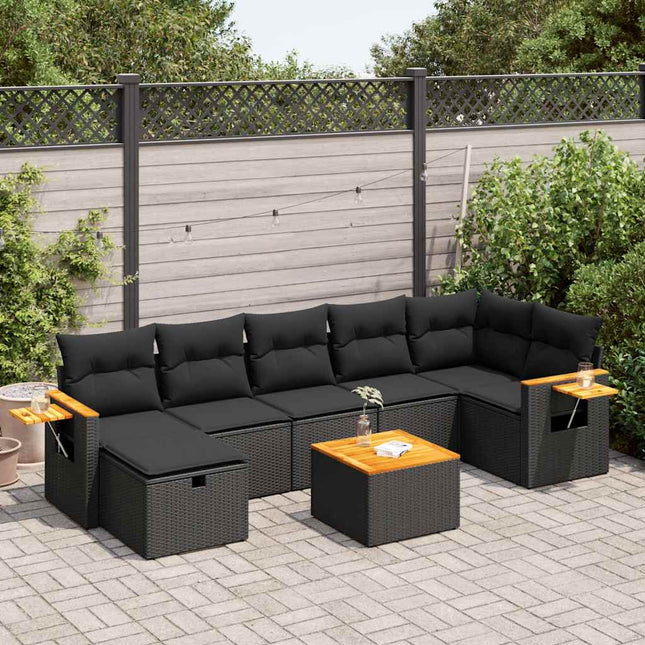 8-delige Loungeset met kussens poly rattan zwart