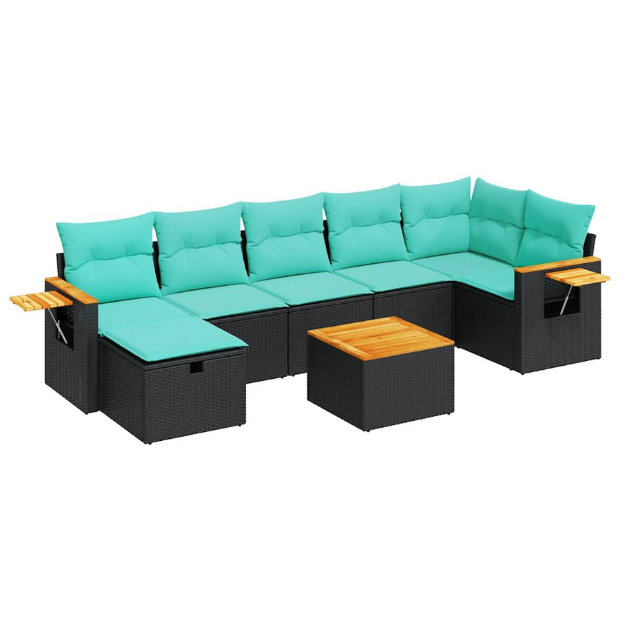 8-delige Loungeset met kussens poly rattan zwart