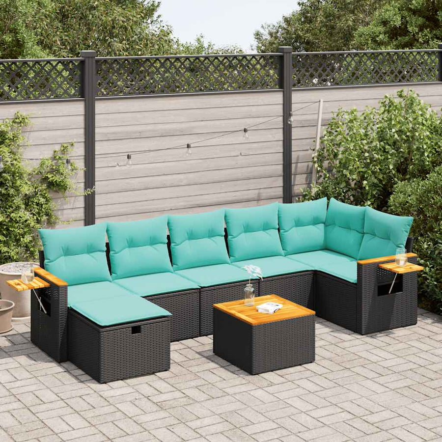 8-delige Loungeset met kussens poly rattan zwart