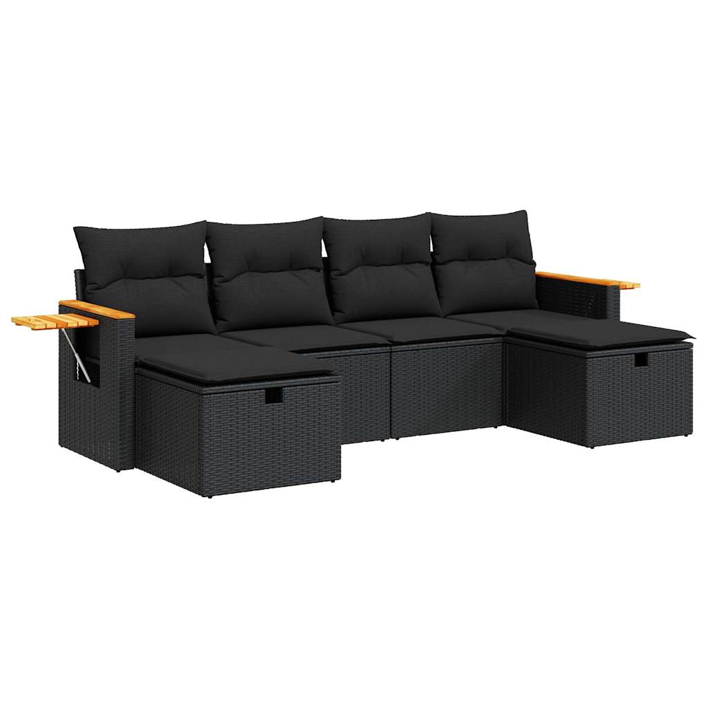 6-delige Loungeset met kussens poly rattan zwart