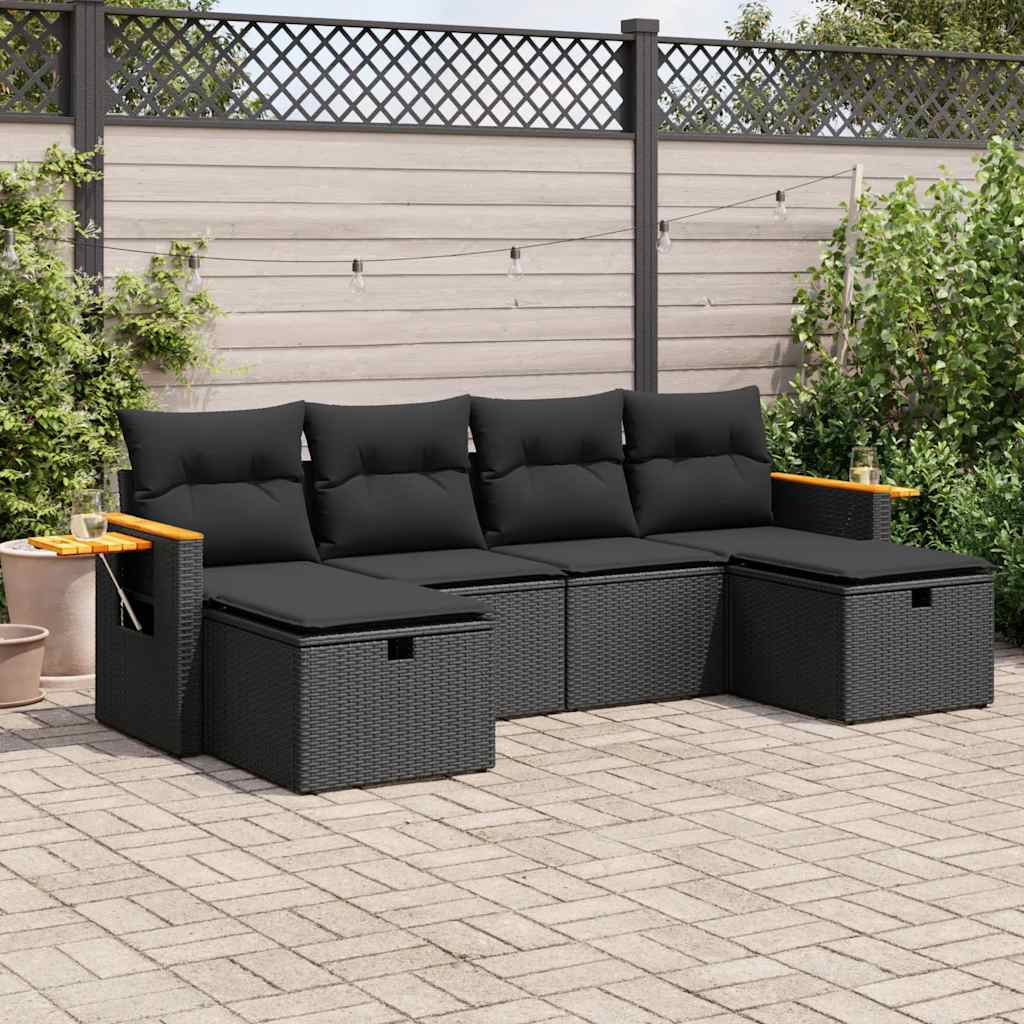 6-delige Loungeset met kussens poly rattan zwart