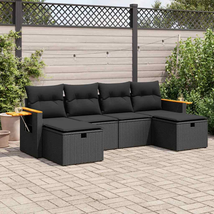 6-delige Loungeset met kussens poly rattan zwart