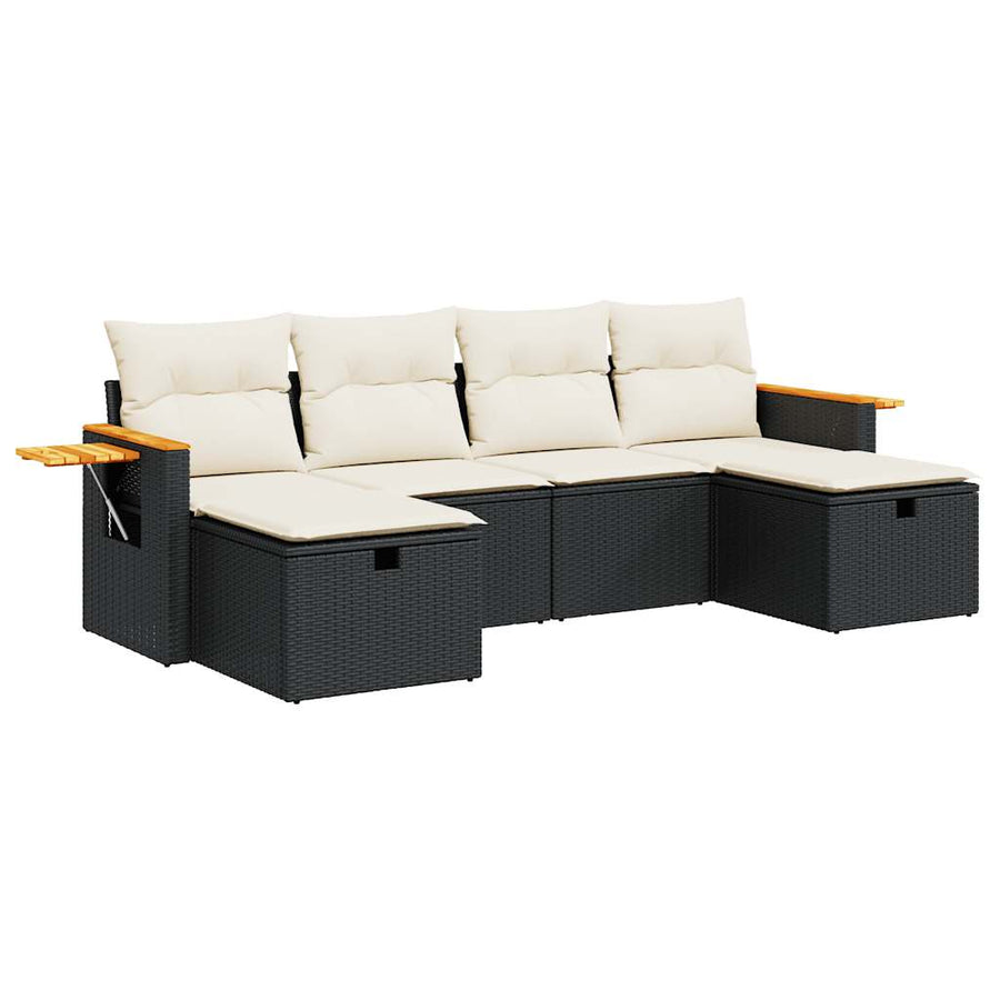 6-delige Loungeset met kussens poly rattan zwart
