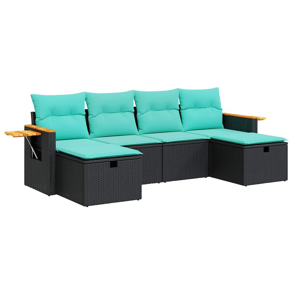 6-delige Loungeset met kussens poly rattan zwart