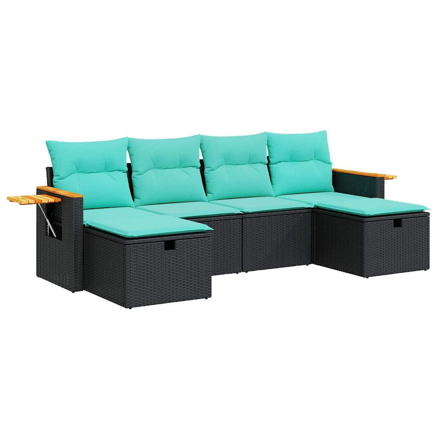 6-delige Loungeset met kussens poly rattan zwart