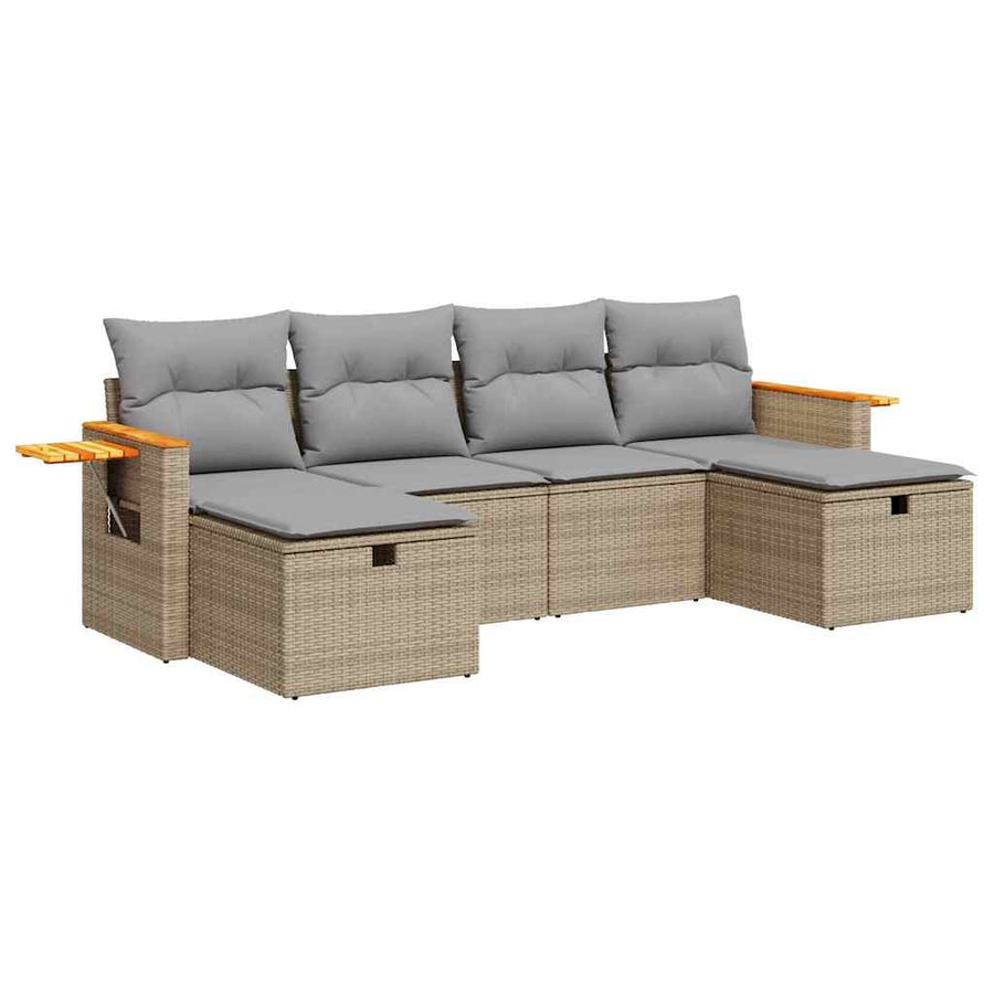 6-delige Loungeset met kussens poly rattan beige