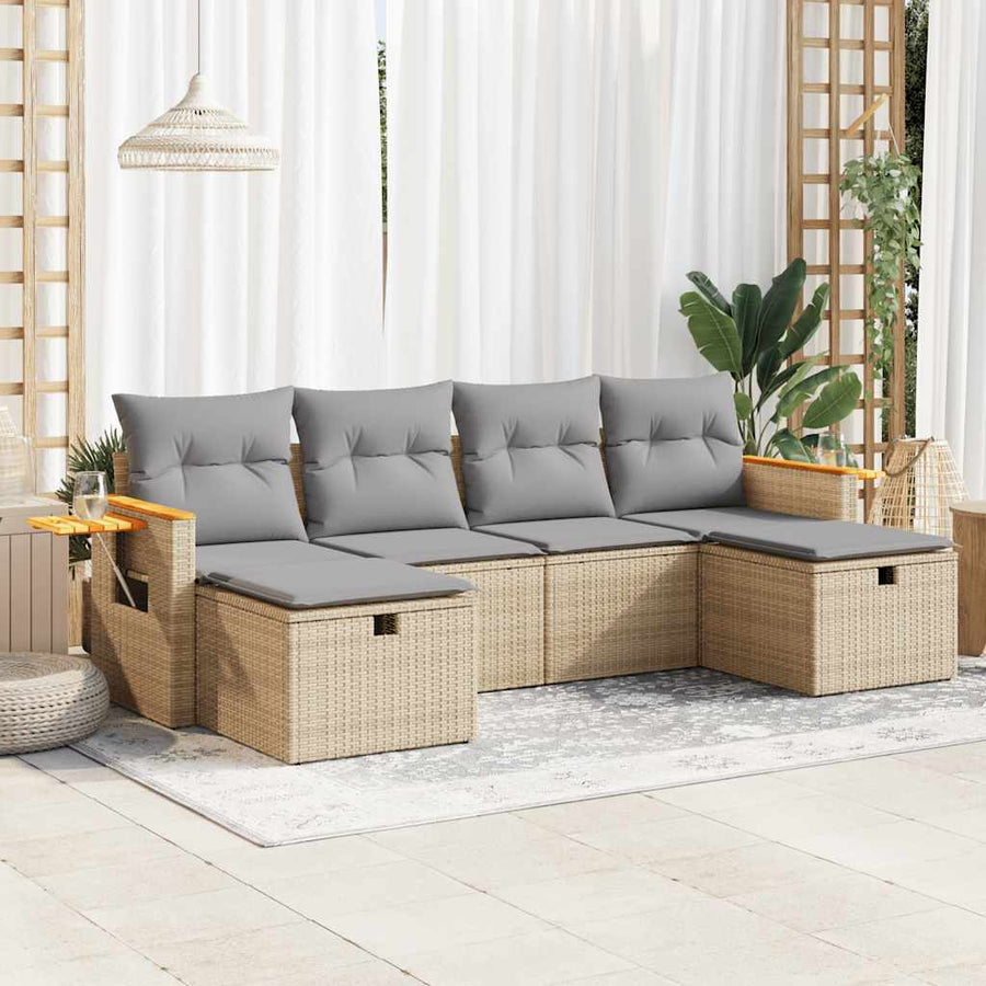 6-delige Loungeset met kussens poly rattan beige