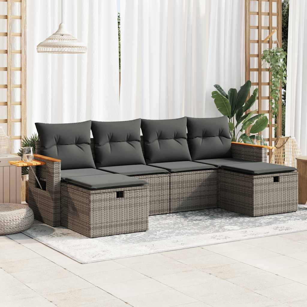 6-delige Loungeset met kussens poly rattan grijs