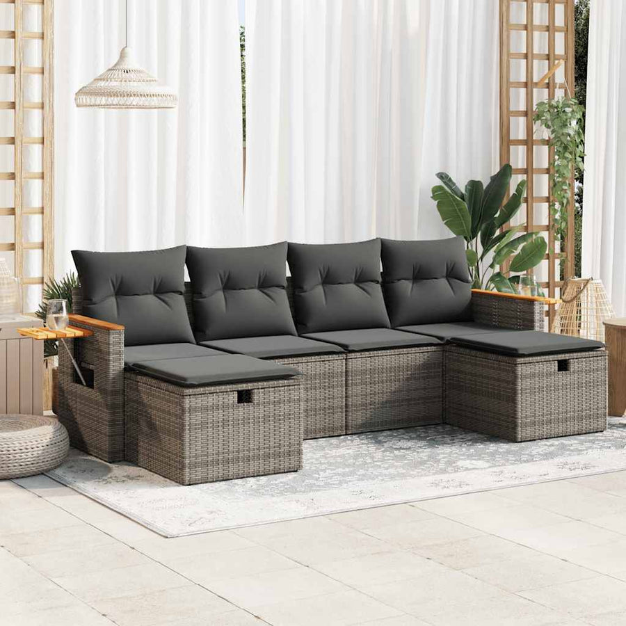 6-delige Loungeset met kussens poly rattan grijs