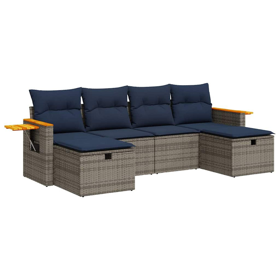 6-delige Loungeset met kussens poly rattan grijs