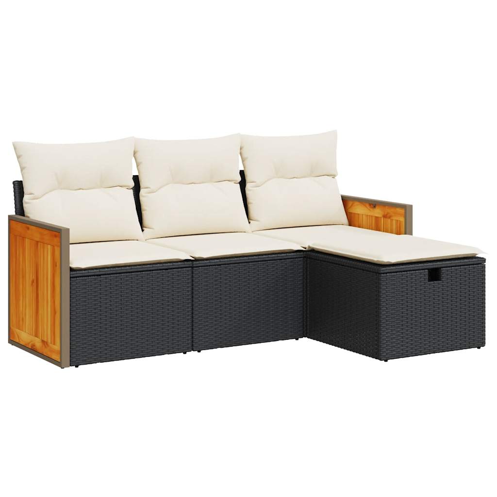 4-delige Loungeset met kussens poly rattan zwart