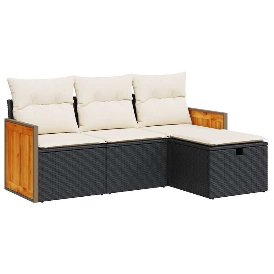 4-delige Loungeset met kussens poly rattan zwart