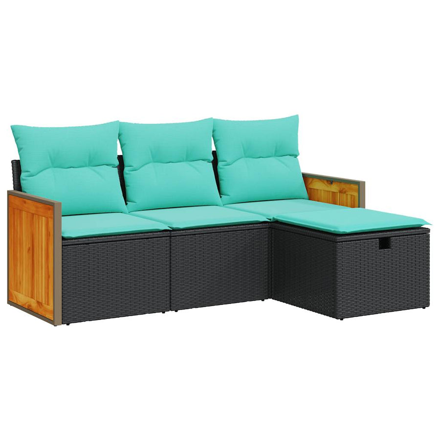 4-delige Loungeset met kussens poly rattan zwart