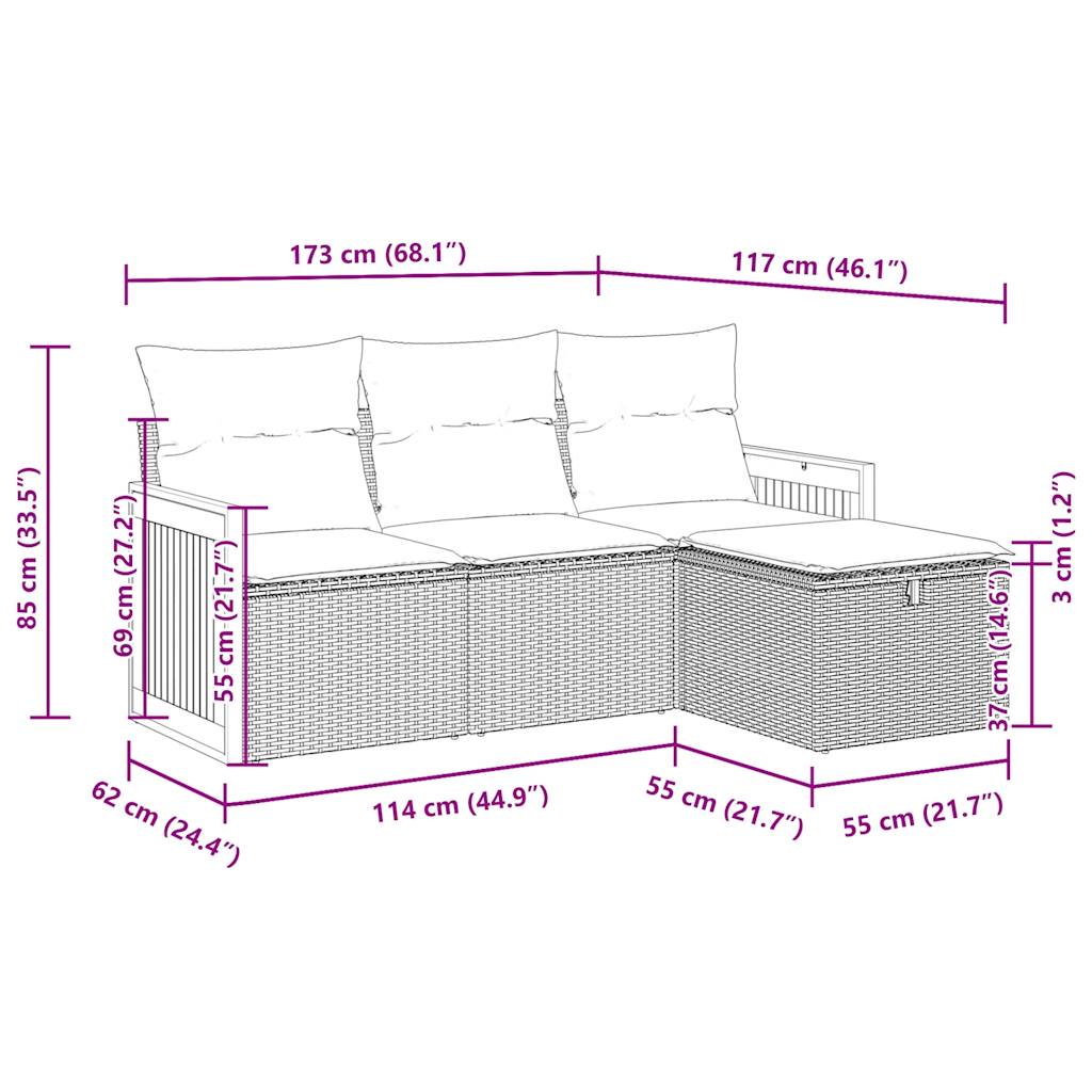 4-delige Loungeset met kussens poly rattan zwart