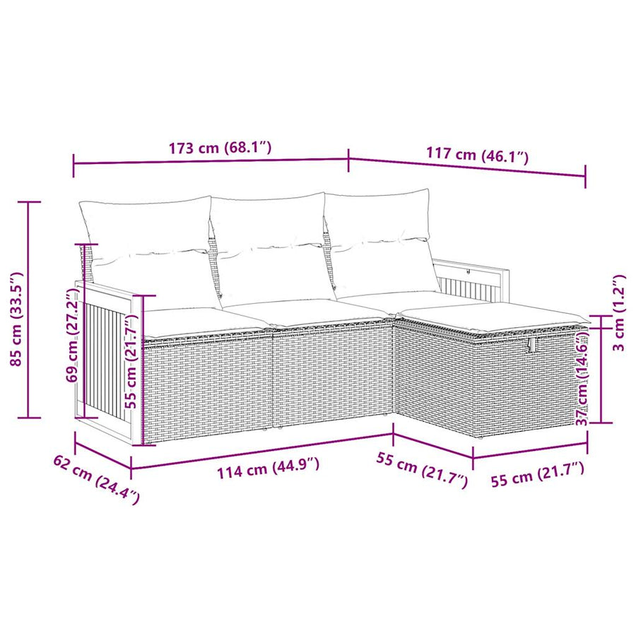 4-delige Loungeset met kussens poly rattan zwart