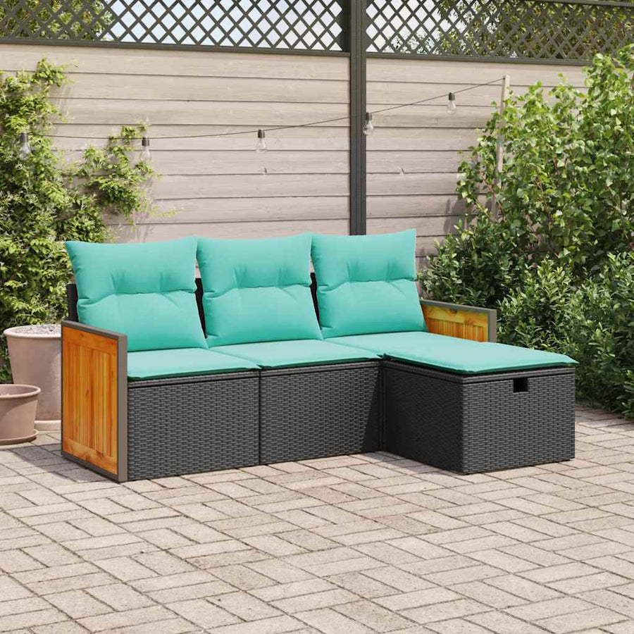 4-delige Loungeset met kussens poly rattan zwart