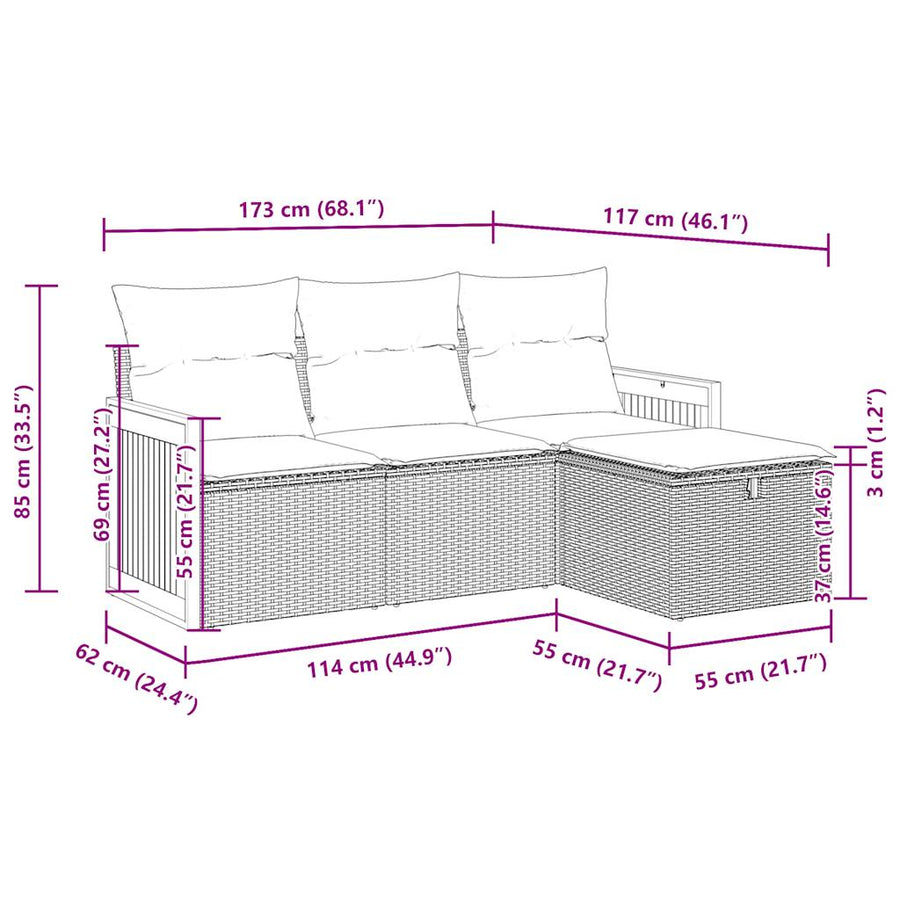 4-delige Loungeset met kussens poly rattan beige