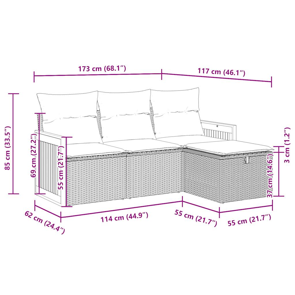 4-delige Loungeset met kussens poly rattan grijs