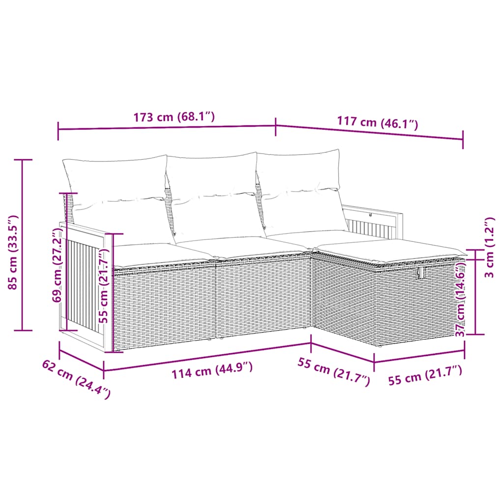 4-delige Loungeset met kussens poly rattan grijs