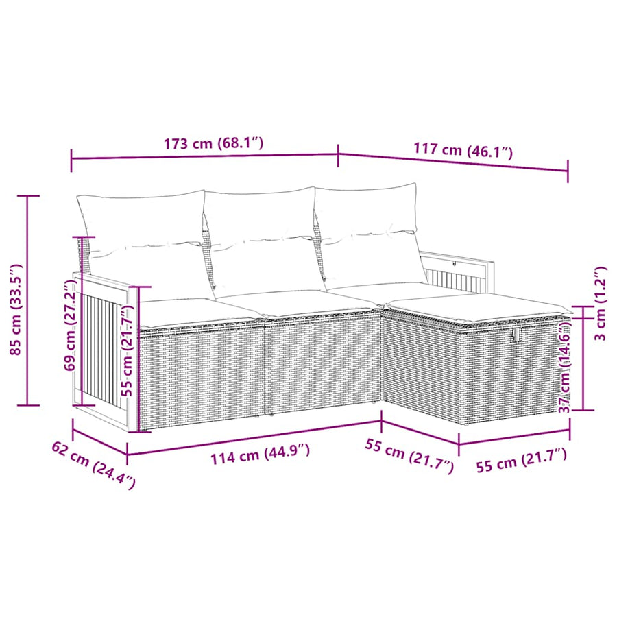4-delige Loungeset met kussens poly rattan grijs