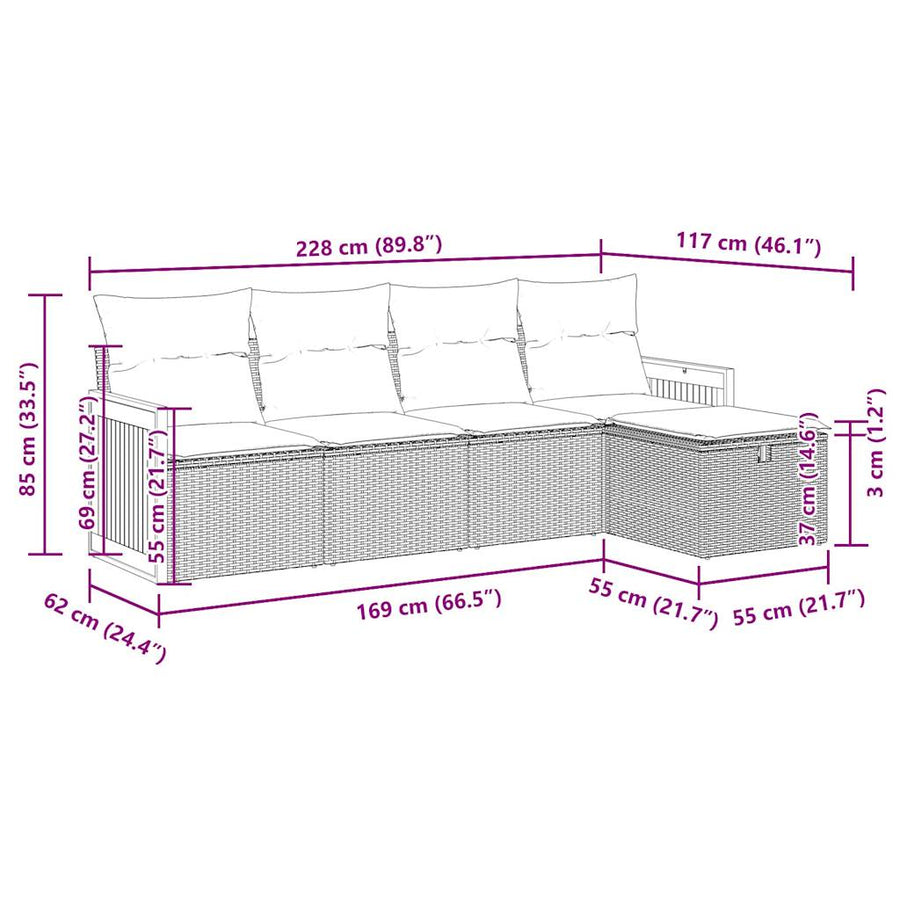 5-delige Loungeset met kussens poly rattan zwart