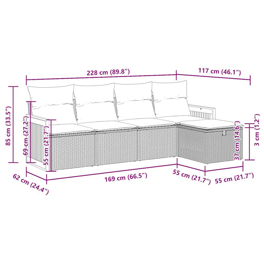 5-delige Loungeset met kussens poly rattan zwart
