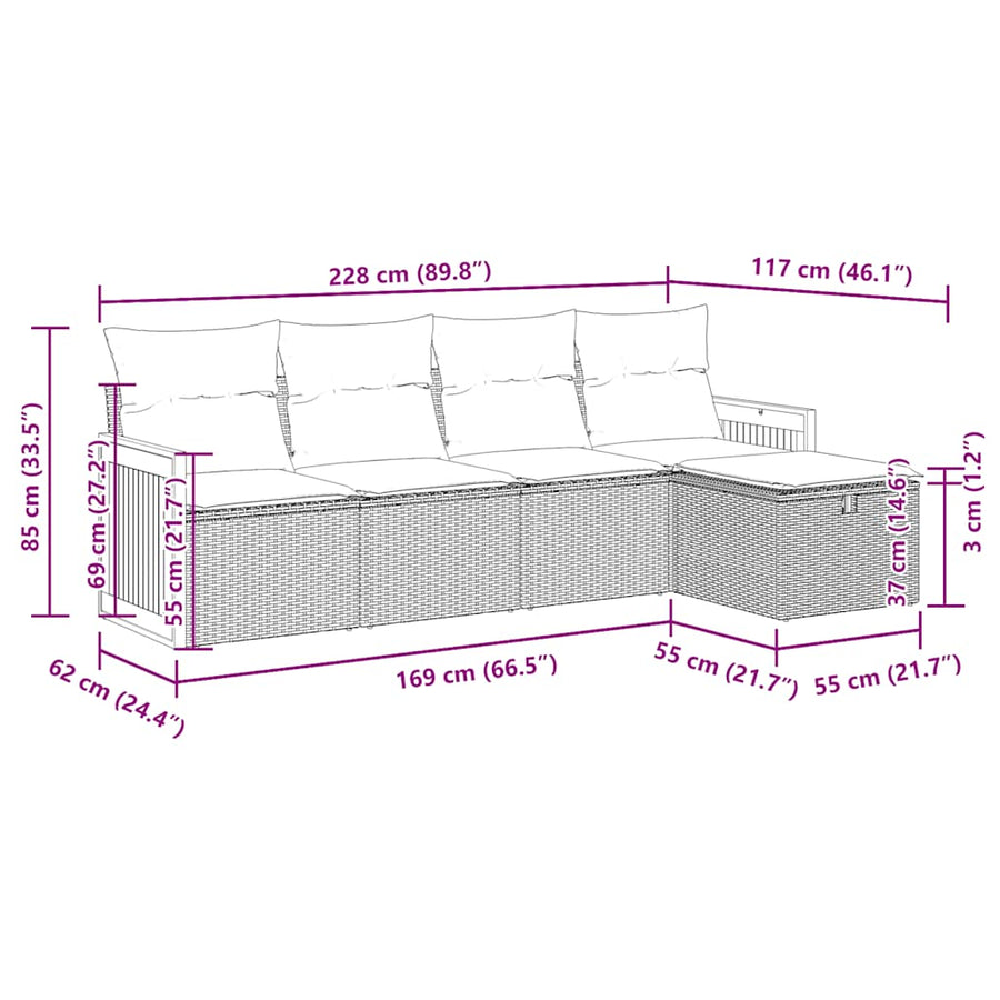 5-delige Loungeset met kussens poly rattan grijs