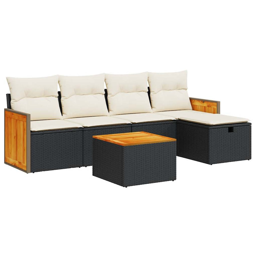 6-delige Loungeset met kussens poly rattan zwart