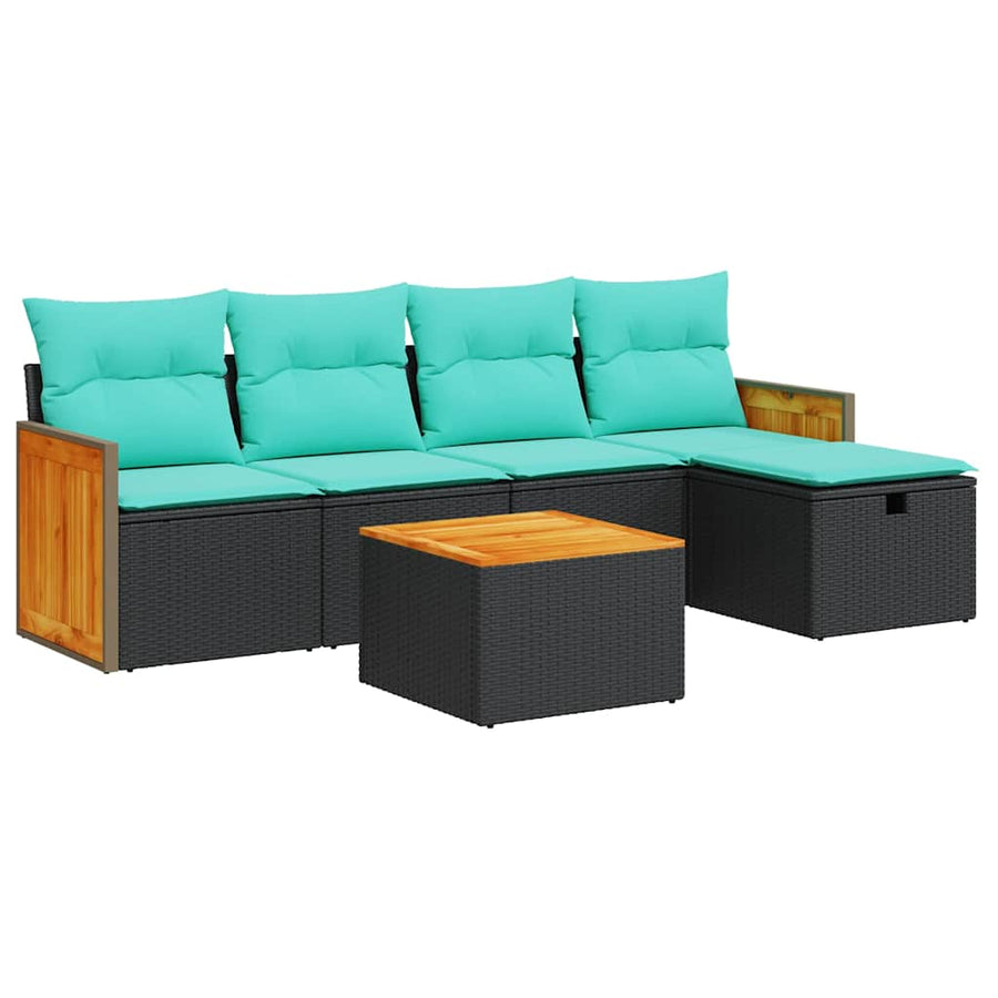 6-delige Loungeset met kussens poly rattan zwart