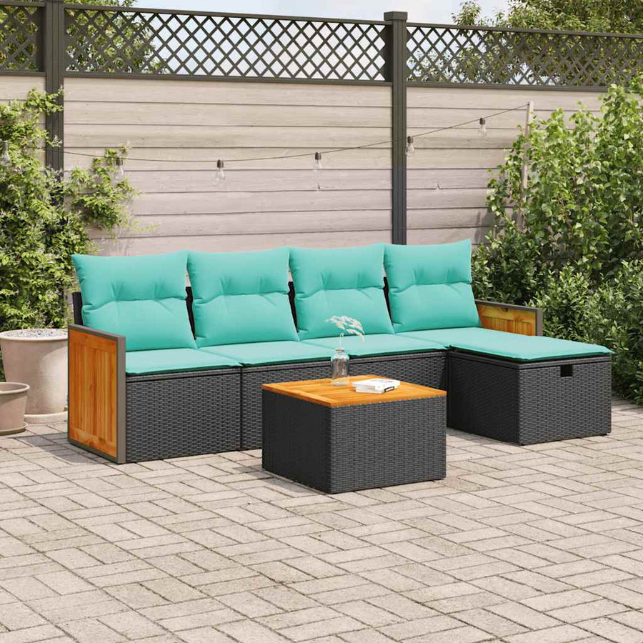 6-delige Loungeset met kussens poly rattan zwart