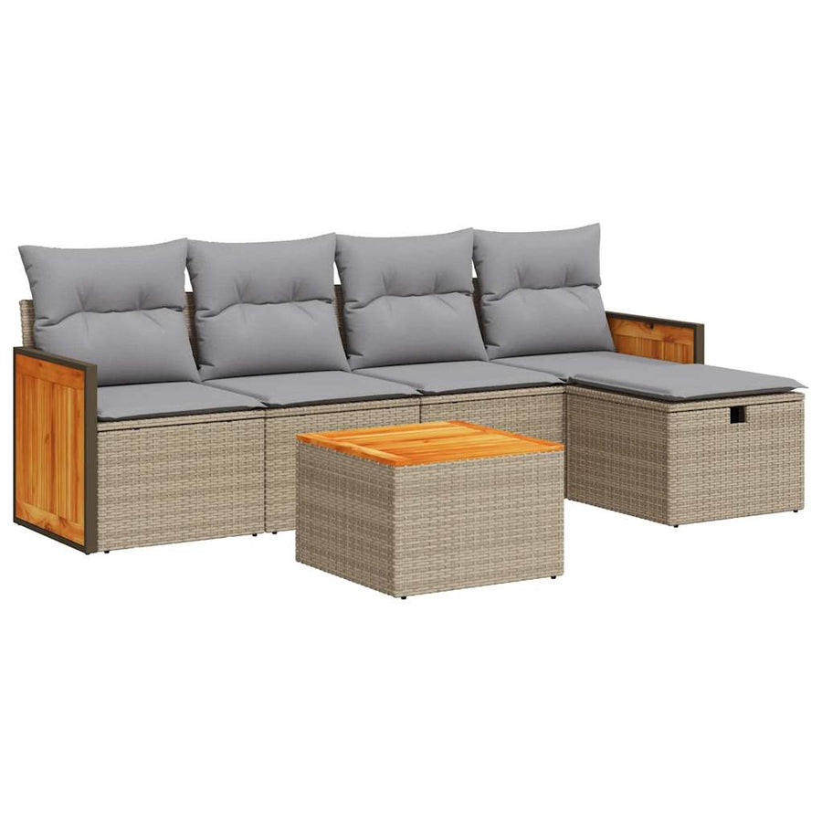 6-delige Loungeset met kussens poly rattan beige