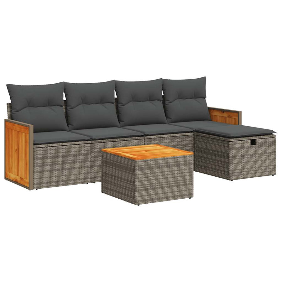 6-delige Loungeset met kussens poly rattan grijs