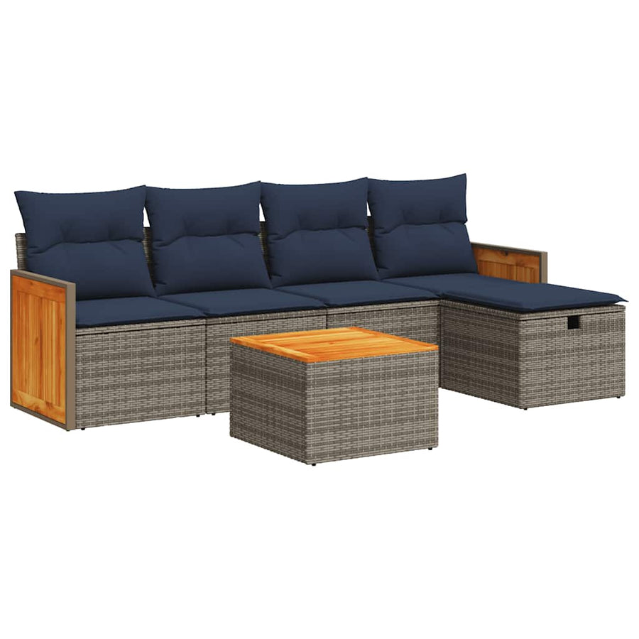 6-delige Loungeset met kussens poly rattan grijs