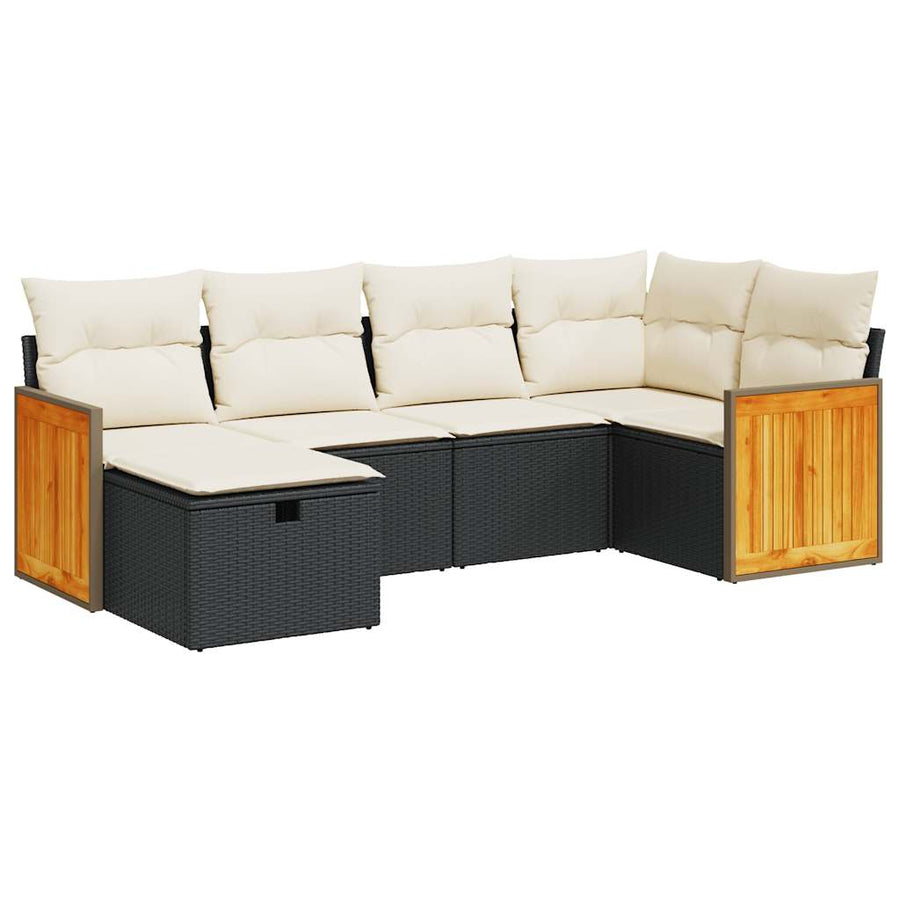 6-delige Loungeset met kussens poly rattan zwart