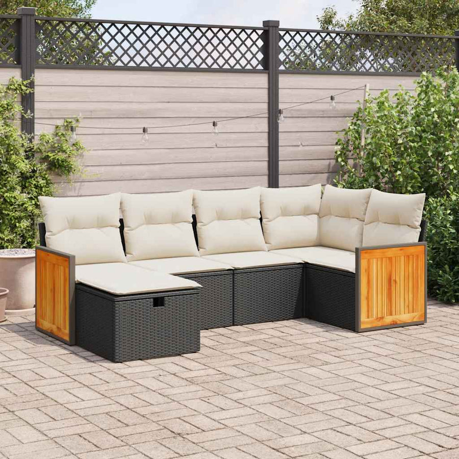 6-delige Loungeset met kussens poly rattan zwart