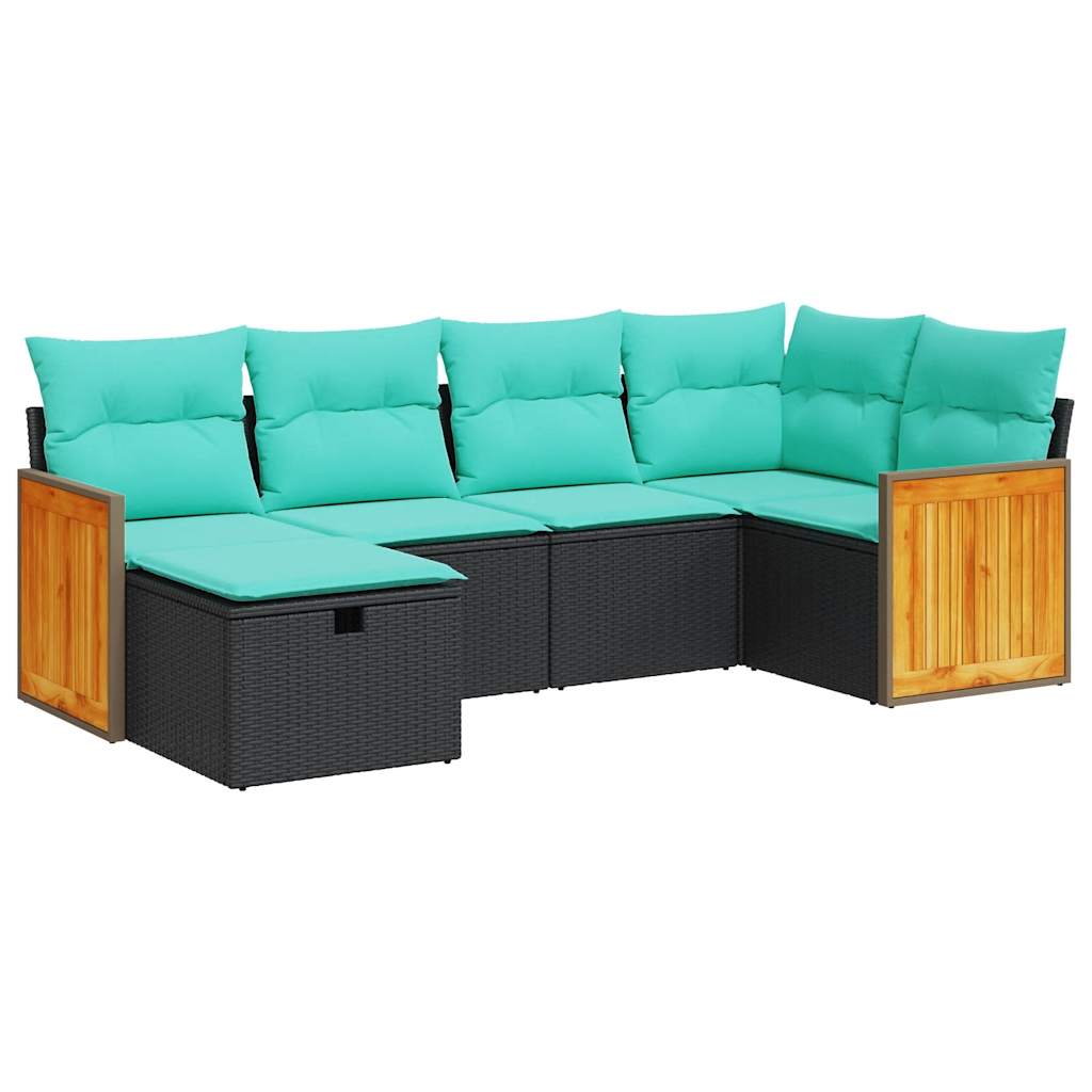 6-delige Loungeset met kussens poly rattan zwart