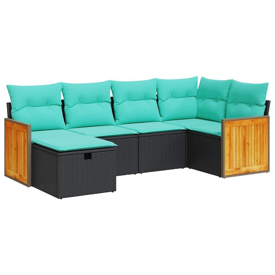6-delige Loungeset met kussens poly rattan zwart
