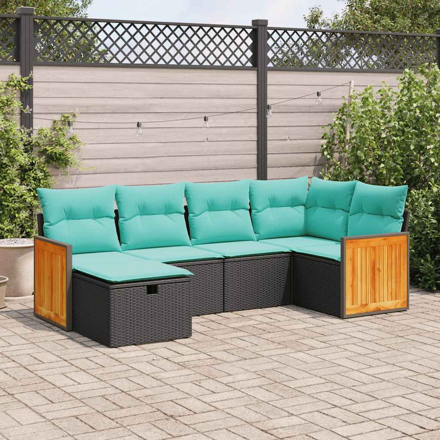 6-delige Loungeset met kussens poly rattan zwart