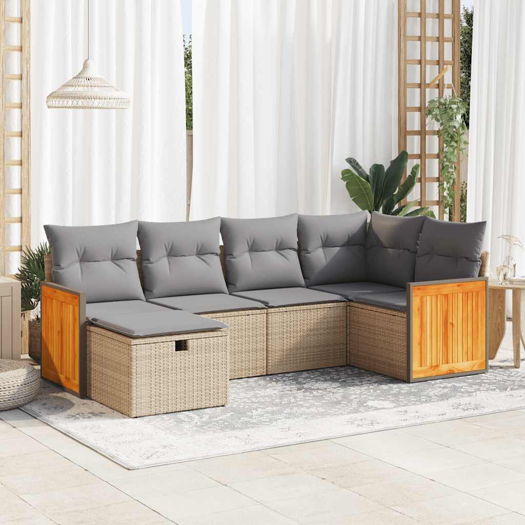 6-delige Loungeset met kussens poly rattan beige